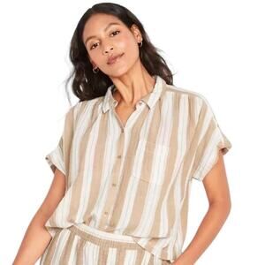 Old Navy Women's 3X Gauzy Cotton Tan White Striped Short Sleeved Button Down